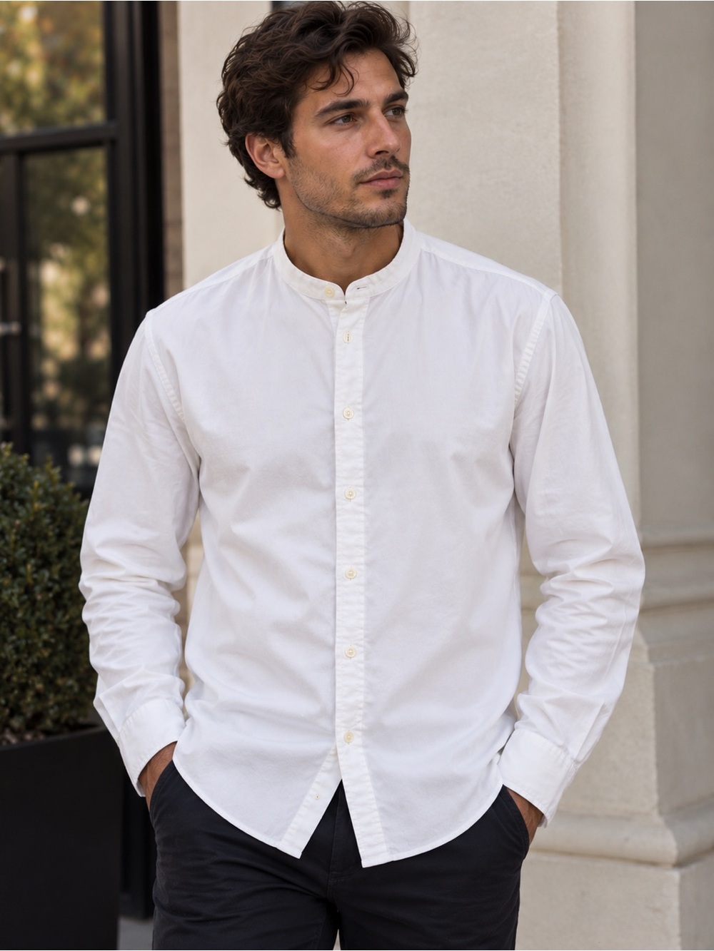 Abercrombie & Fitch White Mandarin-Collar Button-Down Shirt
